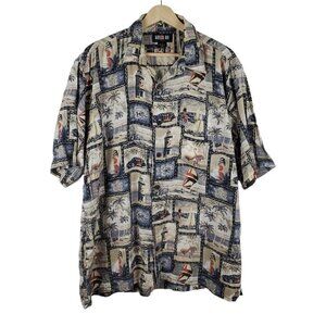KEELER‎ Bay Shirt Large Button up Cotton Rayon Blue Tan Beach Hawaiian Tropical